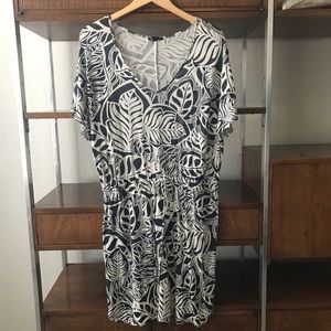 NWT GAP Linen Blend Blue Ivory Tropical Leaf Dress